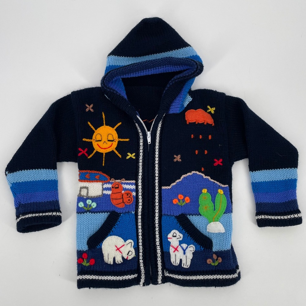 Peruvian Boho Alpaca Patchwork Zip Cardigan Hoodie Sweater Navy‎ Hand Knit 2T
